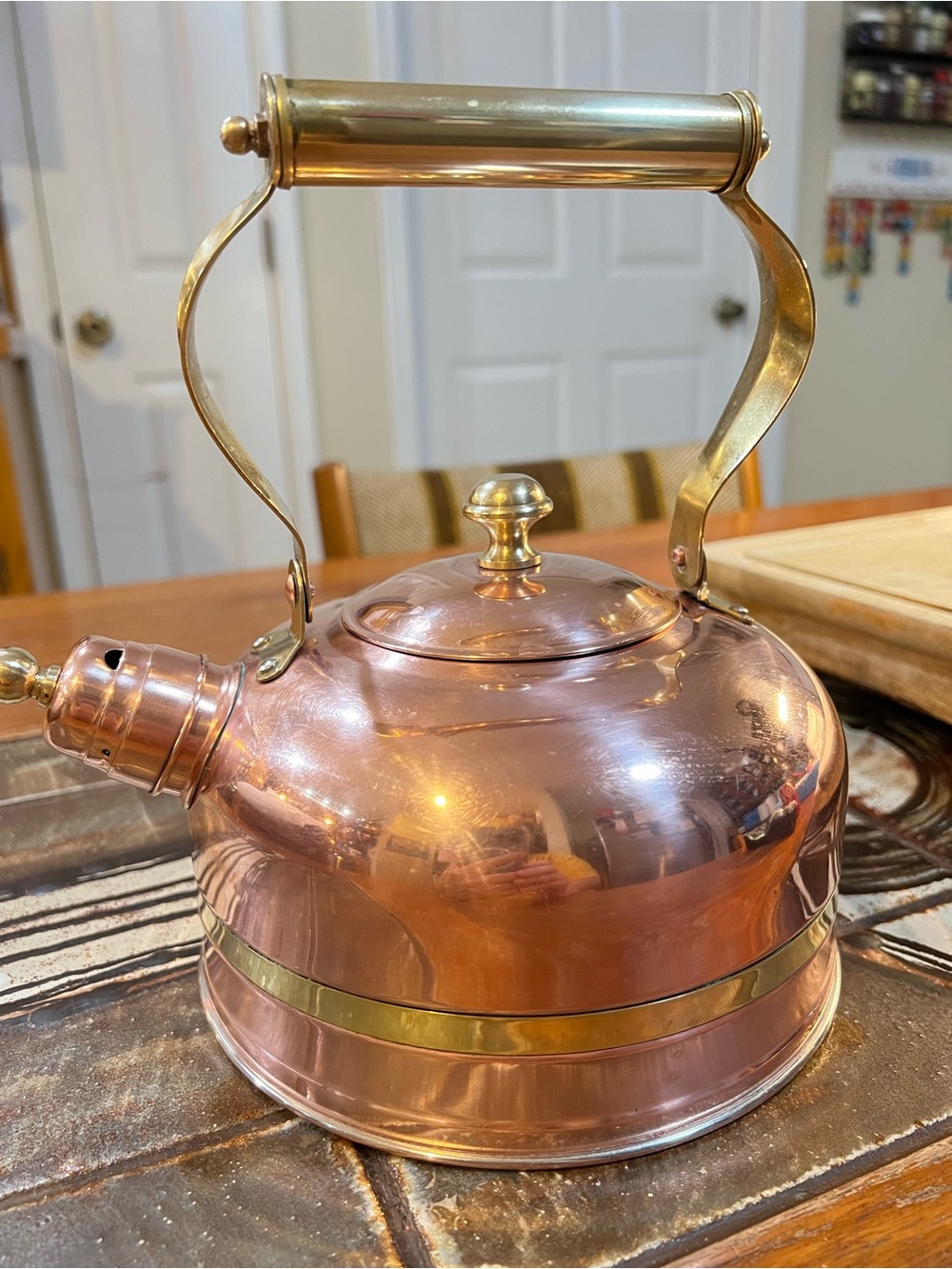 Vintage Polished Copper & Brass Tea Kettle Stovetop Whistling Tea Pot 8.5"
